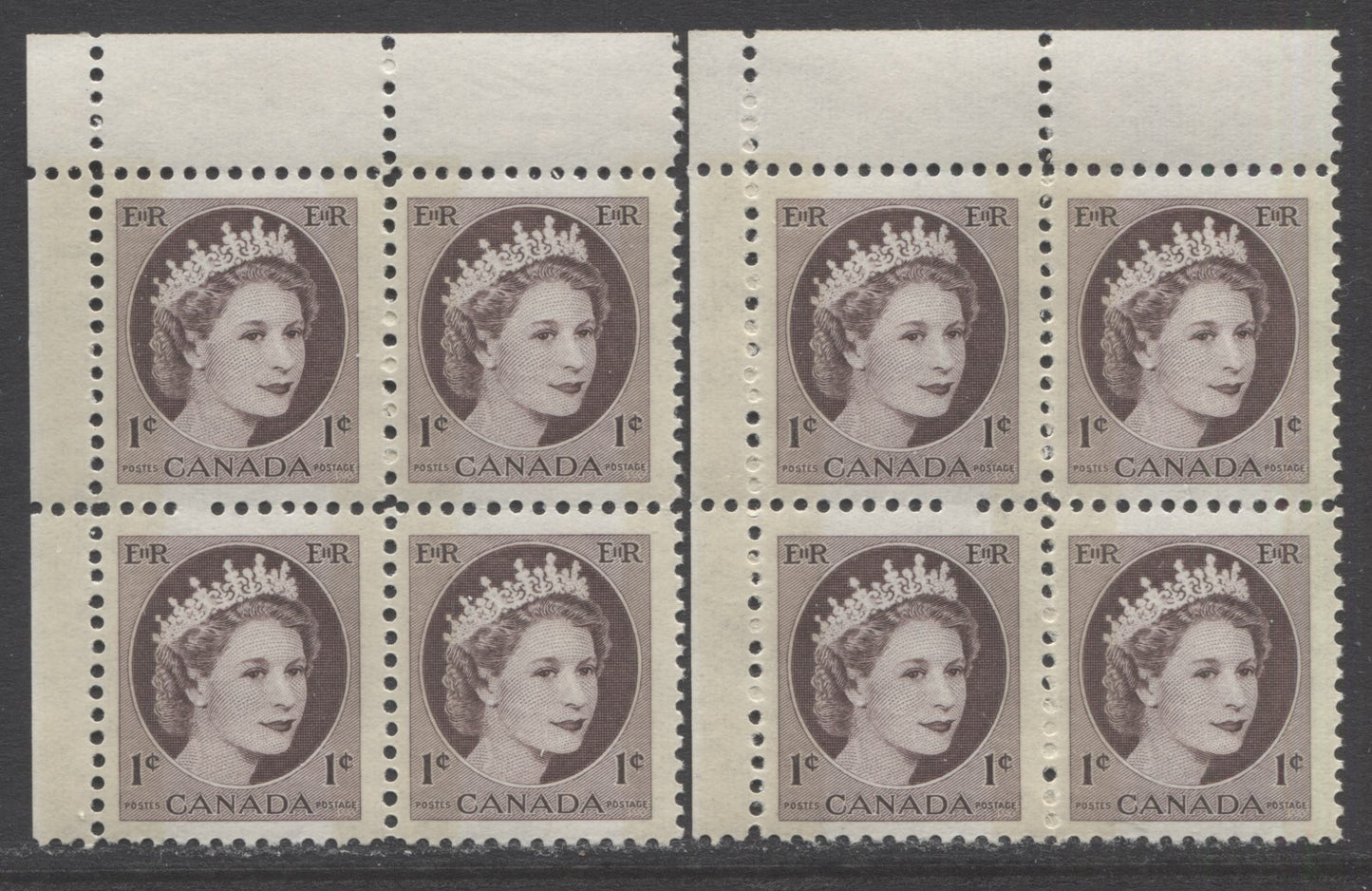 Lot 38 Canada #337p 1c Violet Brown Queen Elizabeth, 1954 Wilding Definitives, 2 VFNH UL Blank Blocks Of 4 With W2B Dark Tagging & Missing Perferation Pins In Two Different Places