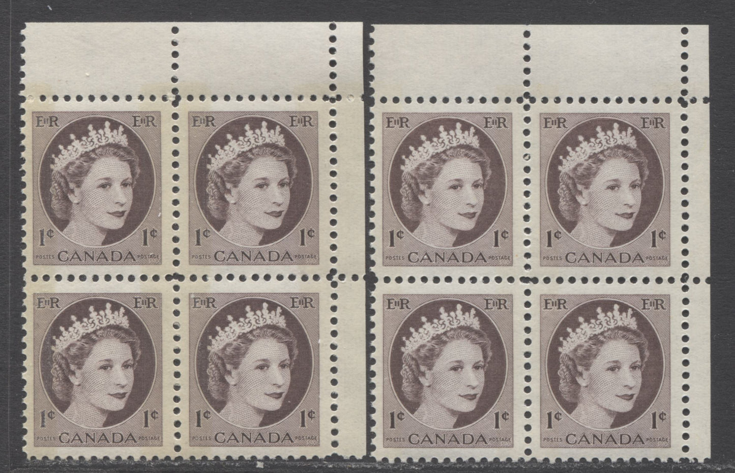 Lot 38 Canada #337p 1c Violet Brown Queen Elizabeth, 1954 Wilding Definitives, 2 VFNH UR Blank Blocks Of 4 With W2B Dark & Light Tagging
