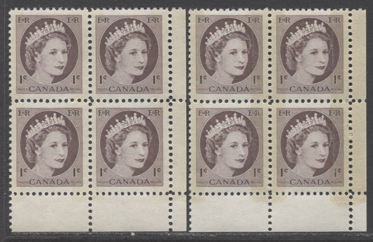 Lot 39 Canada #337p 1c Violet Brown Queen Elizabeth, 1954 Wilding Definitives, 2 VFNH LR Blank Blocks Of 4 On DF Smooth/Vertical Ribbed W2B Dark & Light Tagged Papers