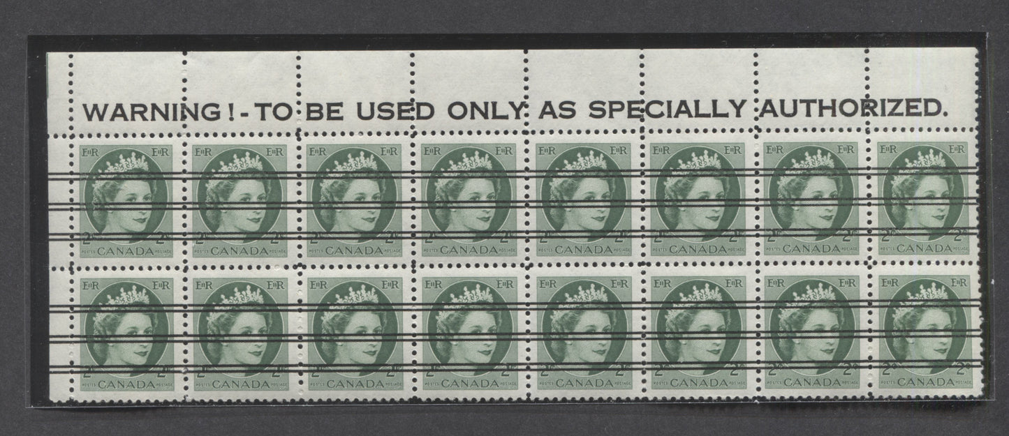 Lot 224 Canada #338xx 2c Green, 1954 Queen Elizabeth 2 - Wilding Portrait Issue, A VFNH Pre Cancel Warning Strip Of 16 On DF Smooth Paper Which is Horizontally Ribbed On Back. Unlisted In Unitrade As Warning Strip