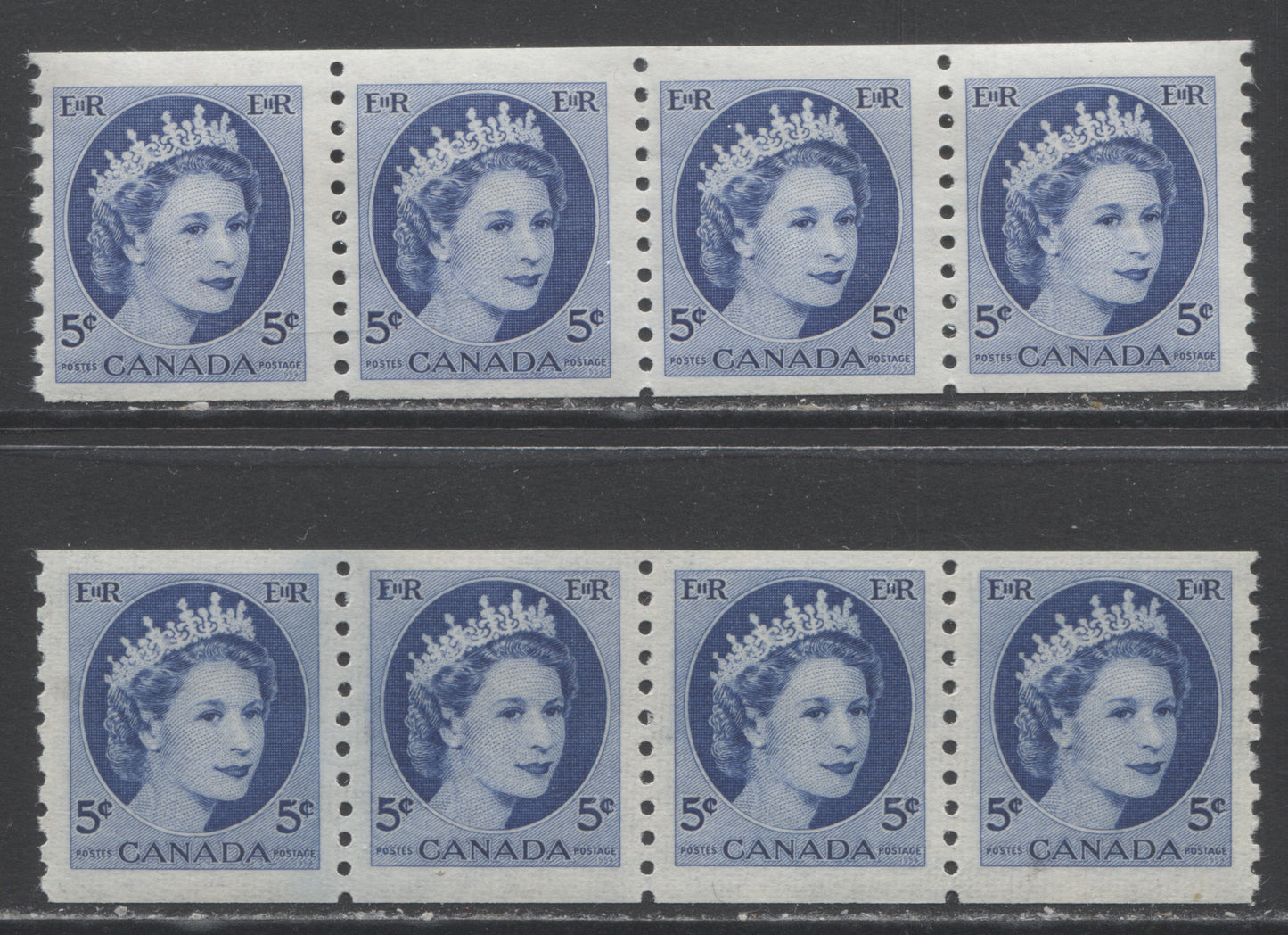 Lot 252 Canada #348 5c Bright Blue Queen Elizabeth, 1954 Wilding Coil Definitives, 2 F/VFNH Coil Strips Of 4 On DF Smooth Horiz Wove & Vertical Ribbed Papers