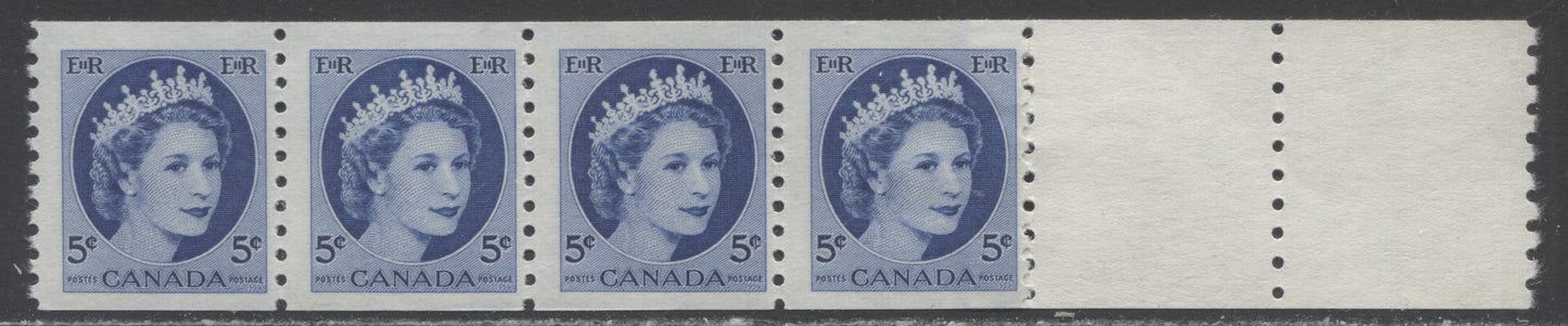 Lot 254 Canada #348 5c Bright Blue Queen Elizabeth, 1954 Wilding Coil Definitives, A FNH Coil End Strip Of 4 + 2 Labels On Vertically Ribbed Horizontal Wove Paper