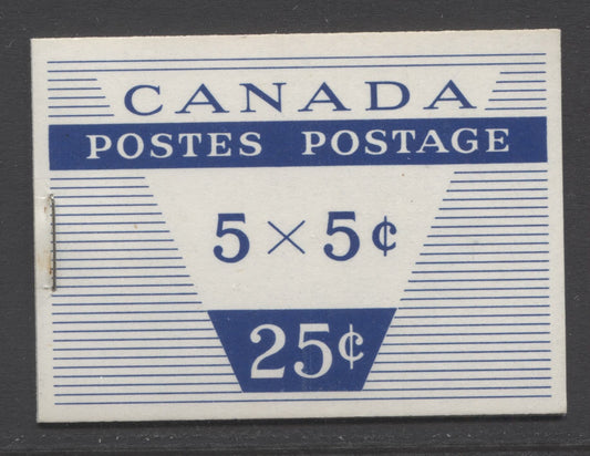 Canada #BK49c (McCann BK49m) 5c Blue, 1954 - 1962 Wilding Issue, A VFNH Booklet With 1 Pane Of 5 + Label Type II Cover With Smooth DF Paper, 12mm Staples, Unlisted Speckled Fluorescent Covers