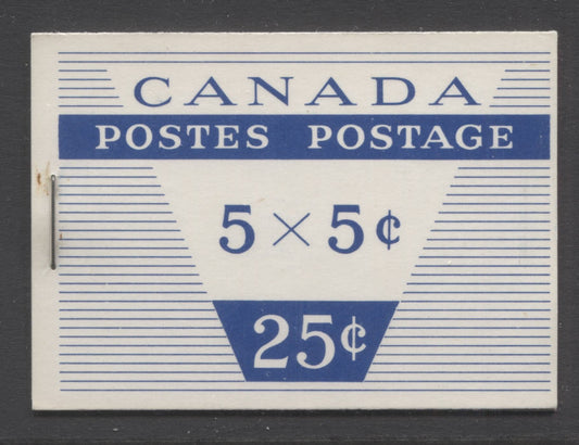 Canada #BK49c var 5c Blue, 1954 - 1962 Wilding Issue, A VFNH Booklet With 1 Pane Of 5 + Label Type II Cover, LF-fl Pane, Smooth Paper, 12mm Staples