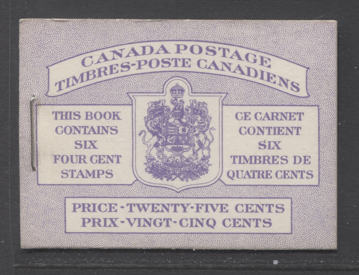 Lot 279 Canada #BK50 1954-1962 Wilding Issue, Complete 25c Bilingual Booklet, No Rate Page, 16 mm Staple, Ribbed Paper, Type 1 Covers, Front Cover IIIE, Cutting Guideline On Back Cover Mi, VF
