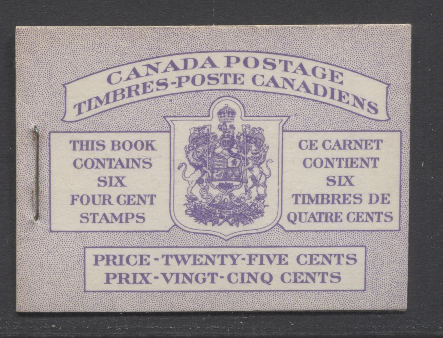 Lot 280 Canada #BK50a 1954-1962 Wilding Issue, Complete 25c Bilingual Booklet, No Rate Page, 16 mm Staple, LF Ribbed Paper, Type 1 Cover, Front Cover IIIh, Back Cover Mi, VF