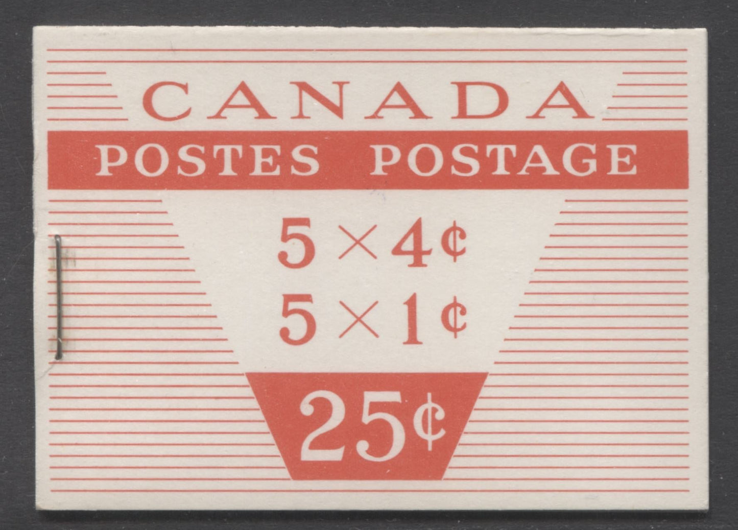Lot 29 Canada #BK51b 1954-1962 Wilding Issue, Complete 25c Bilingual Booklet, No Rate Page, 12mm Staple, Ribbed Paper, Type 3 Cover, Cutting Guideline On 4c Pane