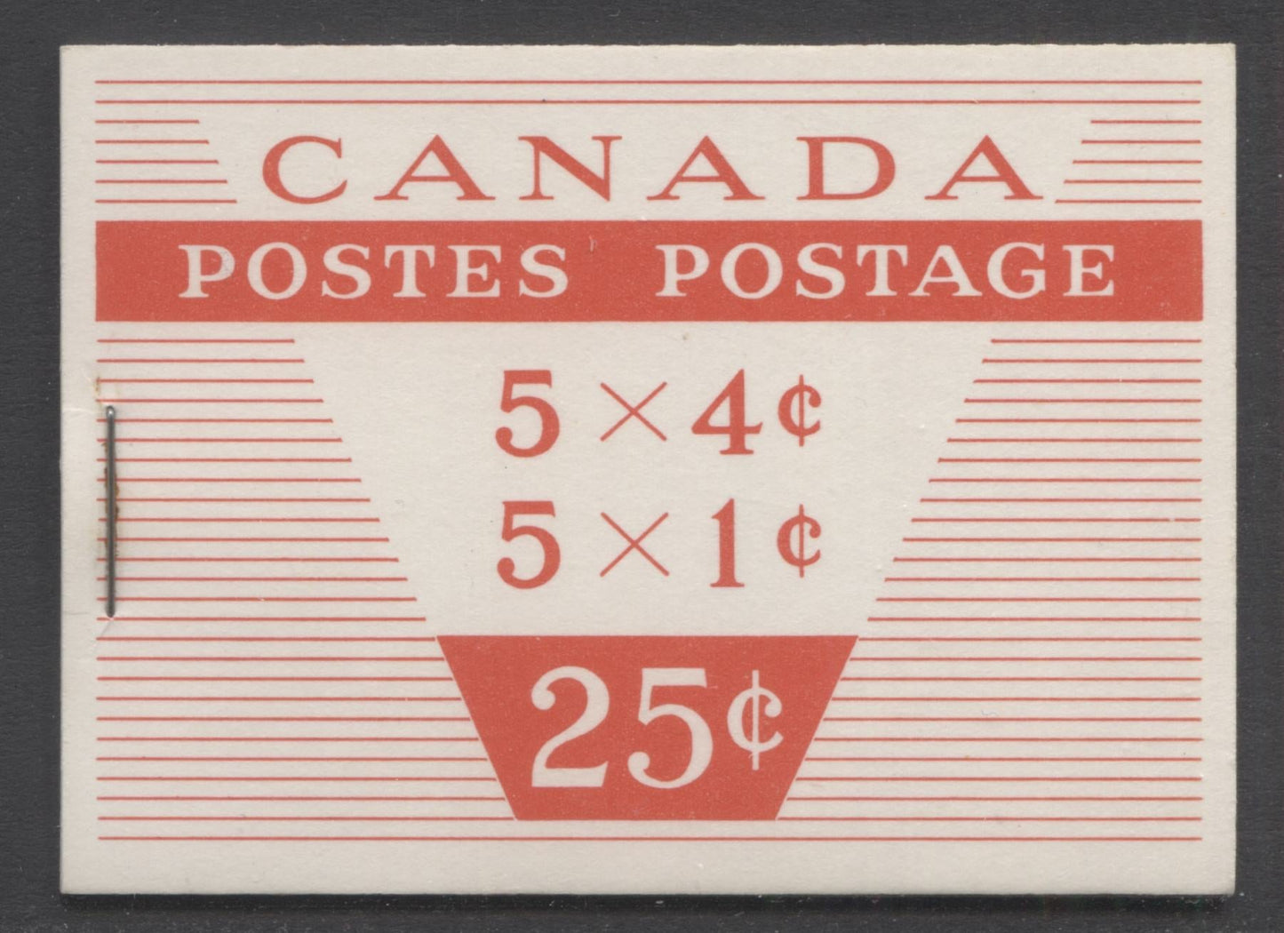 Canada #BK51bvar 1954-1962 Wilding Issue, Complete 25c Bilingual Booklet, No Rate Page, 12mm Staple, Ribbed Paper, Type 3 Cover, MF-fl 1c Pane & DF 4c Pane, VF