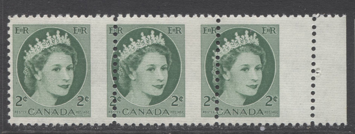 Lot 287 Canada #338var 2c Green Queen Elizabeth II, 1954 Wilding Definitives, A VFNH Misperf Strip Of 3 On Horizontal Ribbed Paper
