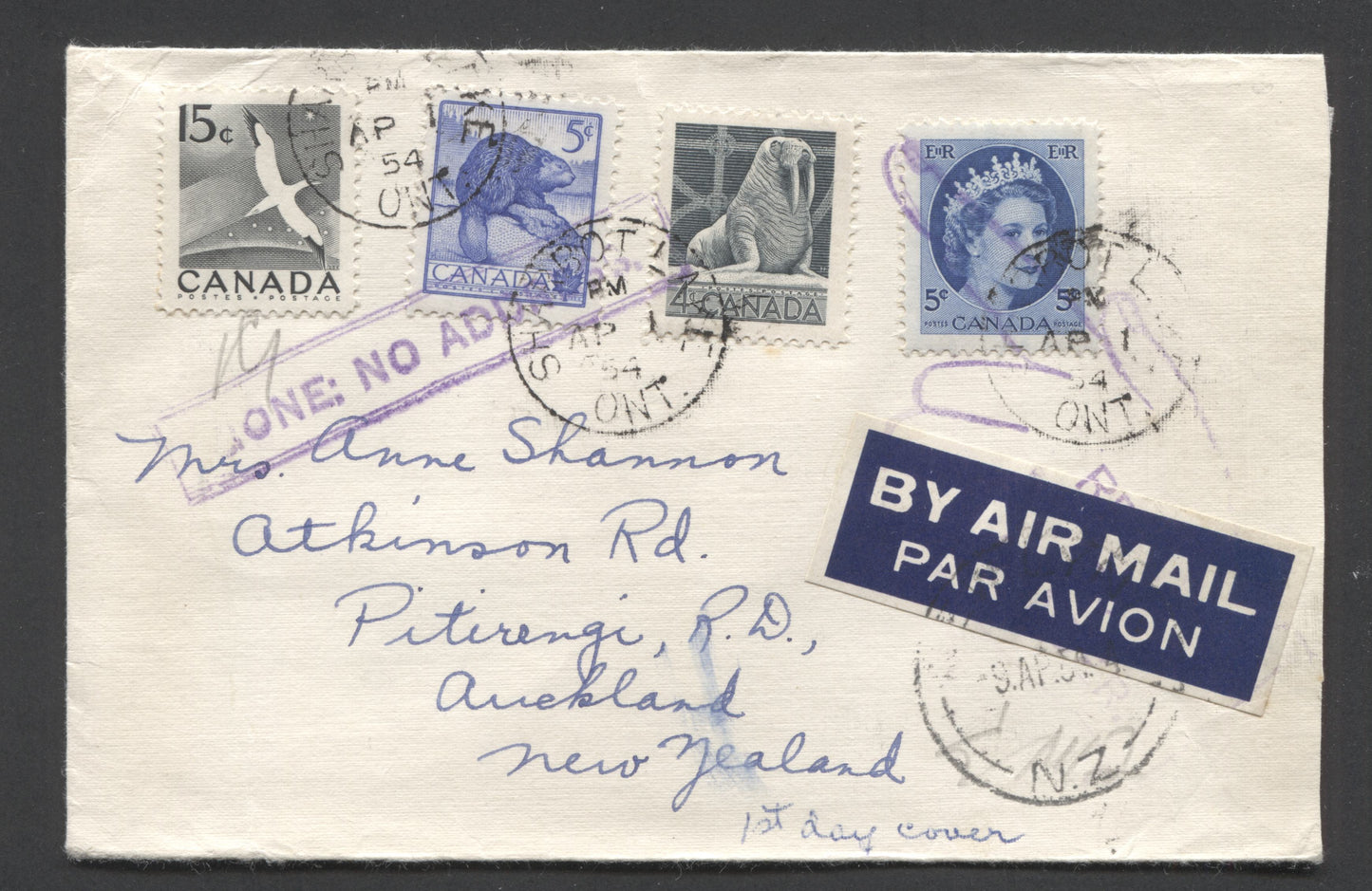 Canada #335-336, 341, 343 4c/15c Gray Walrus/Gannet 1954 Wildlife & Wilding Issues, A First Day Cover Franked With Combination Singles, Sent To New Zealand At The 25C Airmail Rate, So Overfranked By 4c, Net Est. Value $10