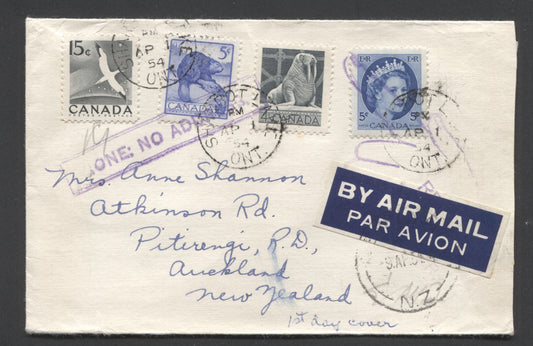 Canada #335-336, 341, 343 4c/15c Gray Walrus/Gannet 1954 Wildlife & Wilding Issues, A First Day Cover Franked With Combination Singles, Sent To New Zealand At The 25C Airmail Rate, So Overfranked By 4c, Net Est. Value $10