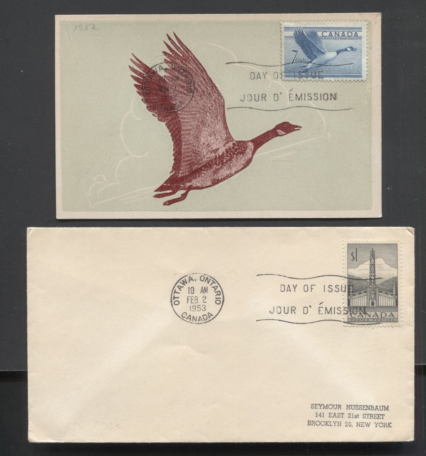 Lot 291 Canada #320, 321 7c & $1 Blue & Slate Gray Canada Goose - Totem Pole 1952-1953 Wildlife & Totem Pole Issues, 2 First Day Covers Franked With Singles, Cat. Value $53.5