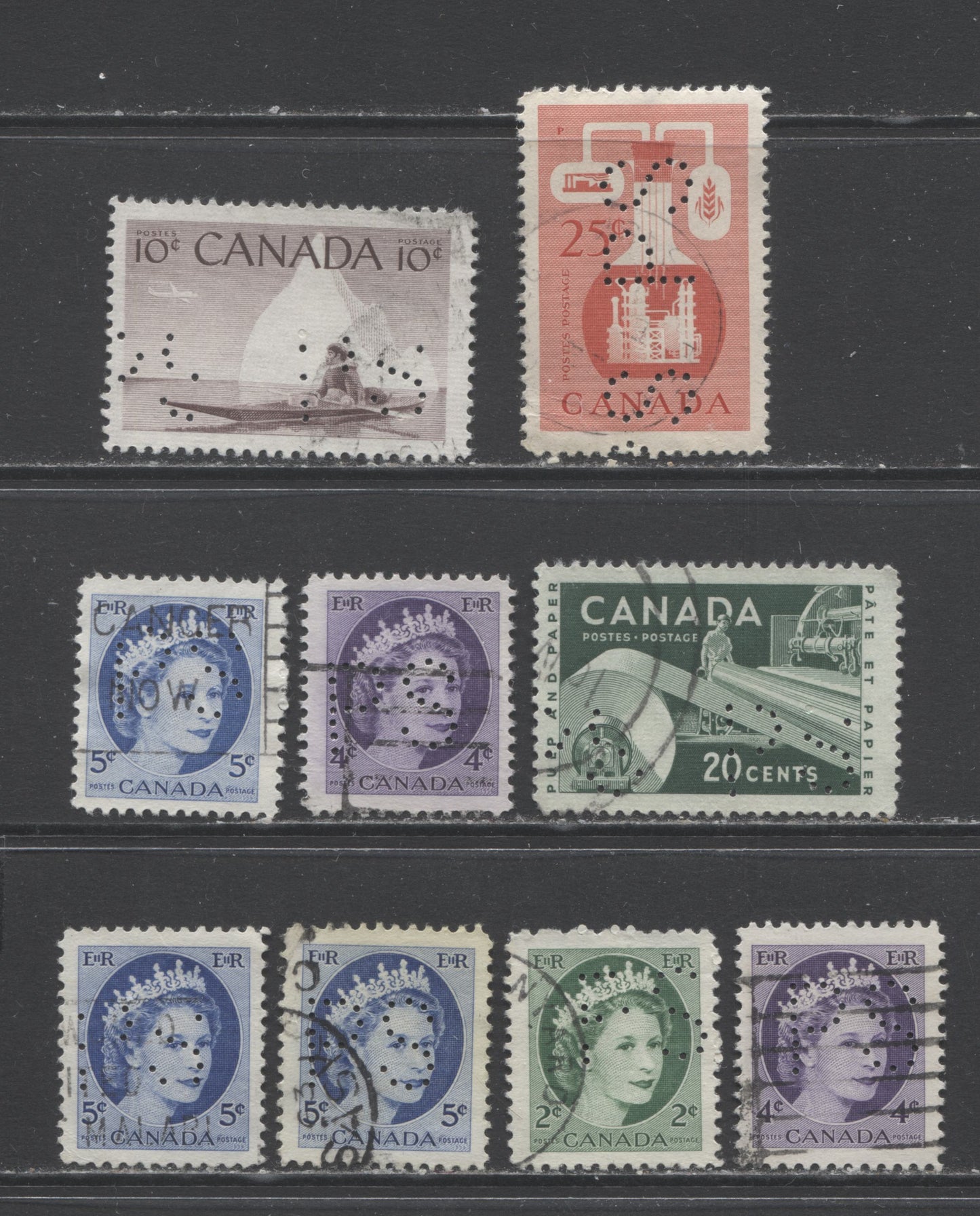 Lot 294 Canada #338, 340i,ii 341i, 351, 362-363 2c/25c Green/Red Queen Elizabeth II/Chemistry, 1954 Wilding Definitives, 9 Fine/Very Fine Used Singles With PS Perfins, Including 4c & 5c On Fluorescent Papers