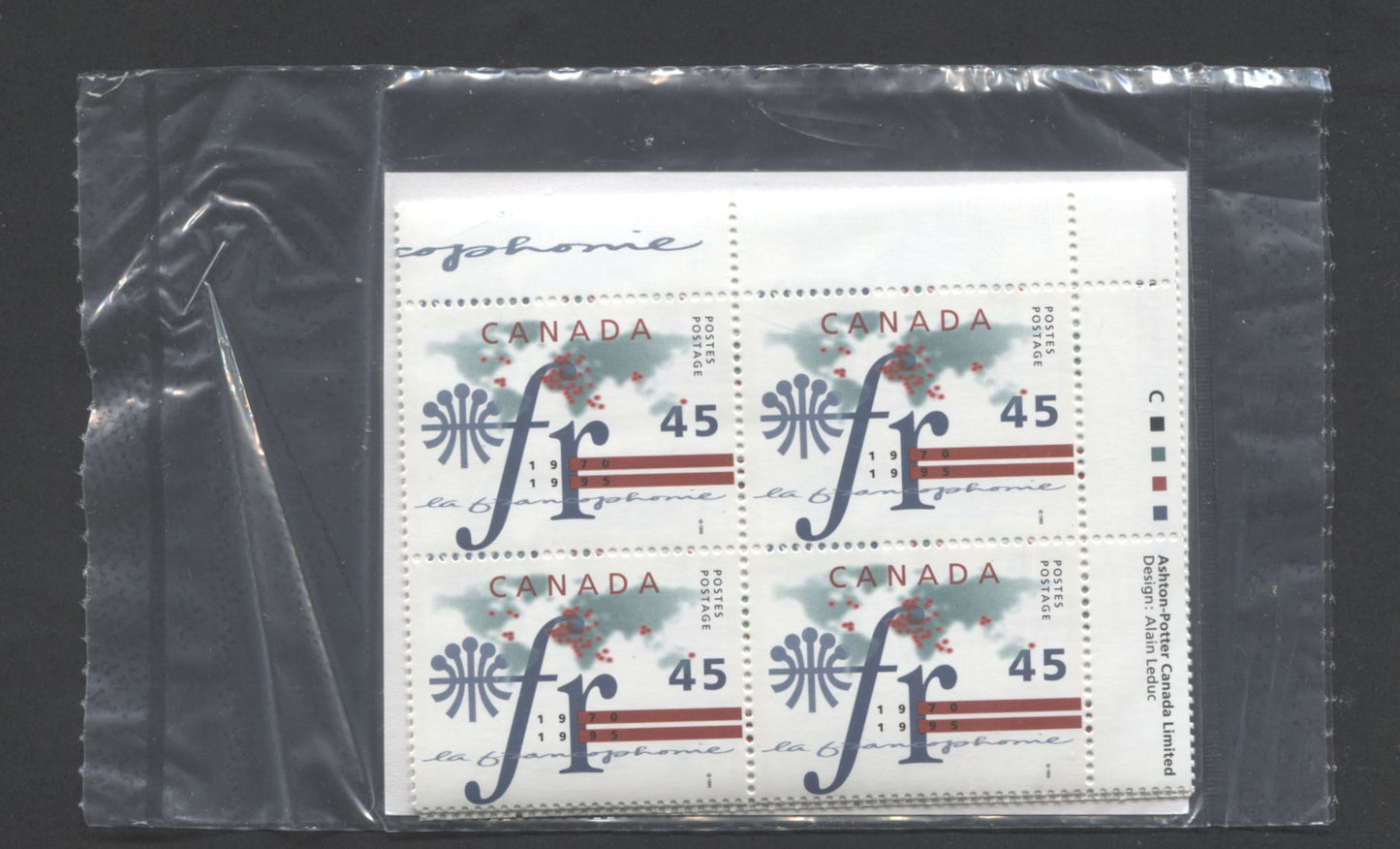 Lot 297 Canada #1589 45c Multicolored 1995 La Francophonie Issue, Canada Post Sealed Pack of Inscription Blocks on GT4 Coated Paper With HB Type 6A Insert Card, VFNH, Unitrade Cat. $18