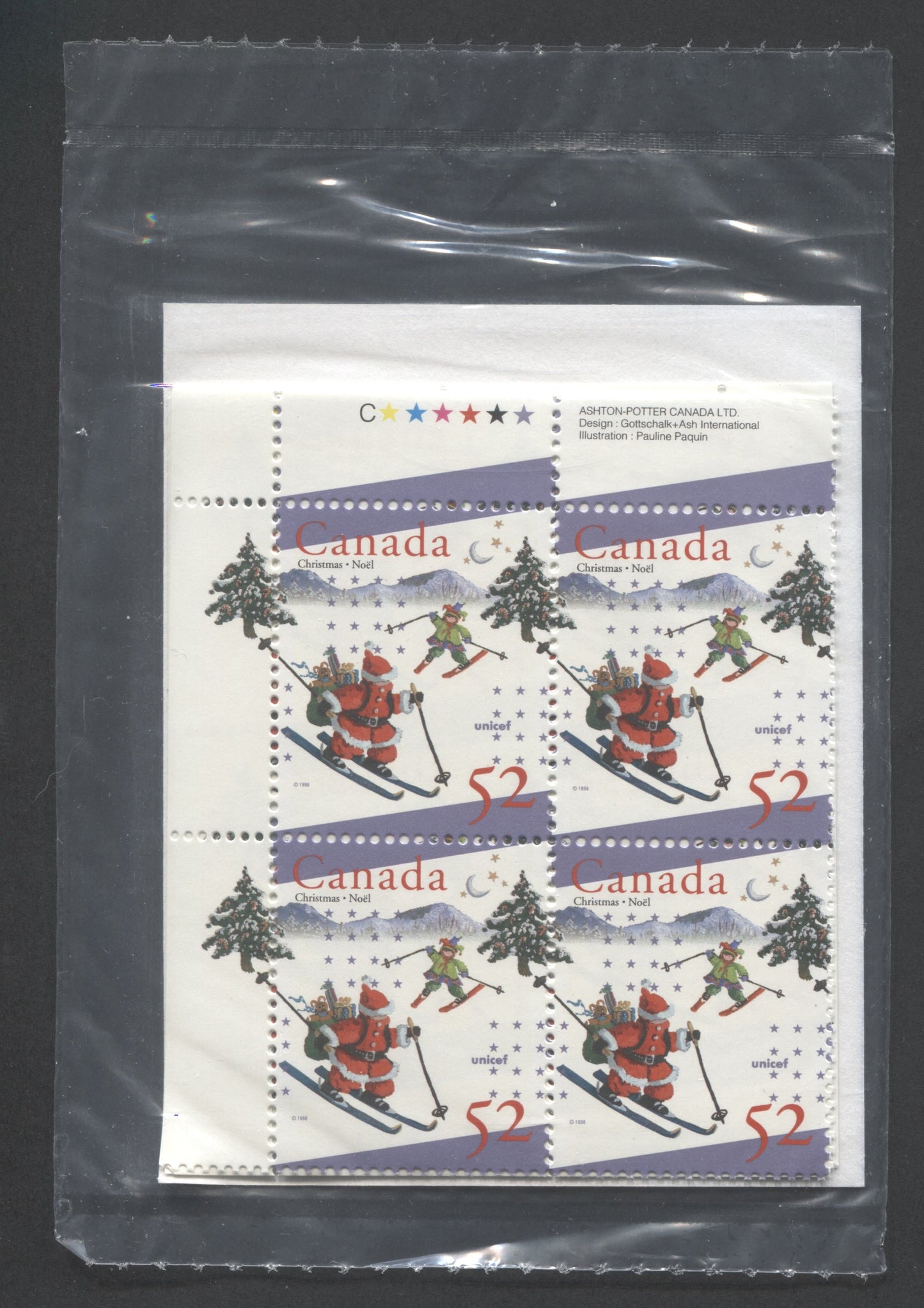Lot 301 Canada #1628 52c Multicolored Santa & Elf Skiing 1996 Unicef & Christmas, Canada Post Sealed Pack of Inscription Blocks on DF Paper With HB Type 6A Insert Card, VFNH, Unitrade Cat. $21