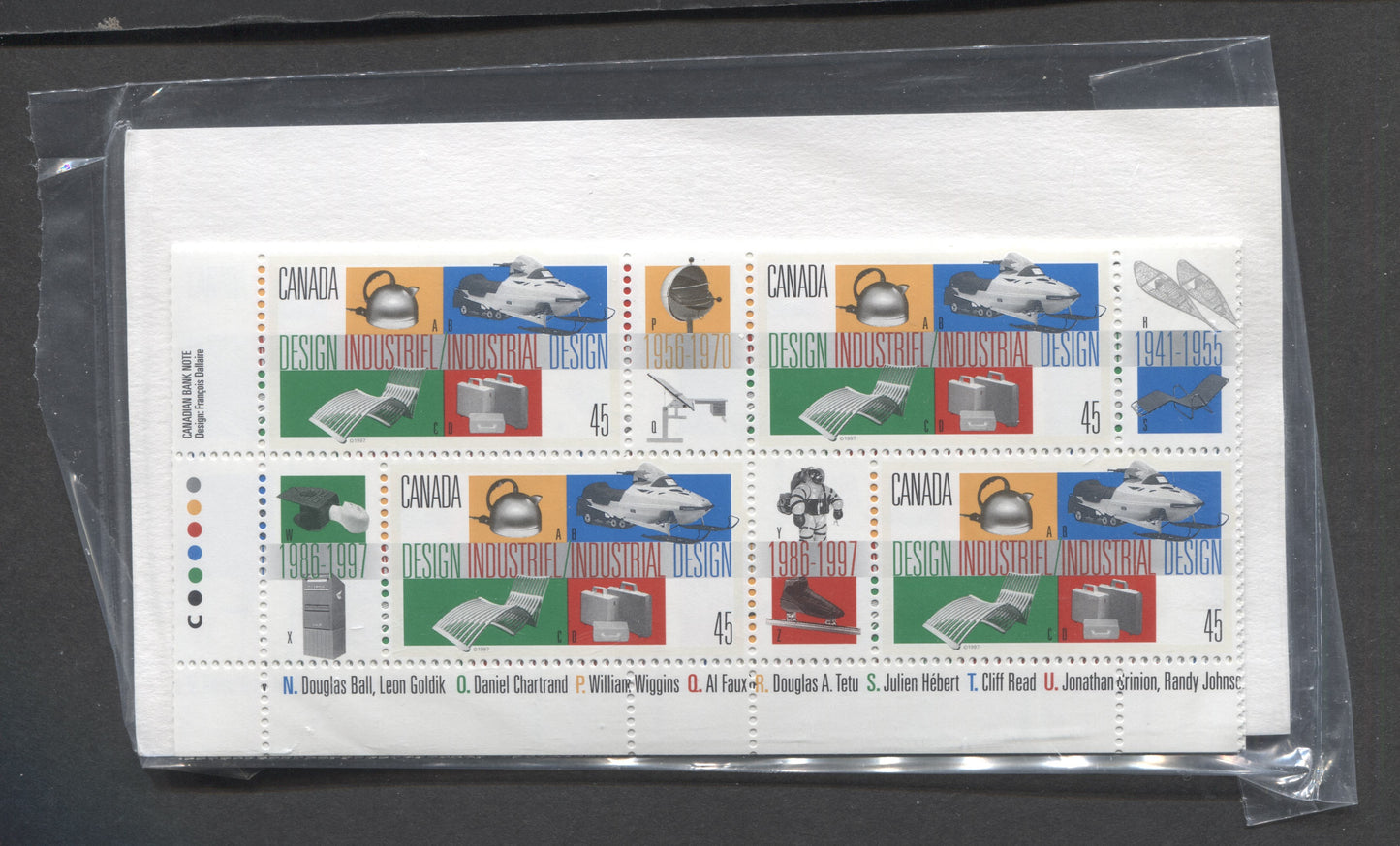 Lot 310 Canada #1654 45c Multicolored 1997 Industrial Design Issue, Sealed Pack Of Corner Inscription Blocks on GT4 Coated Paper With HB Type 6A Insert Card, VFNH, Unitrade Cat. $18