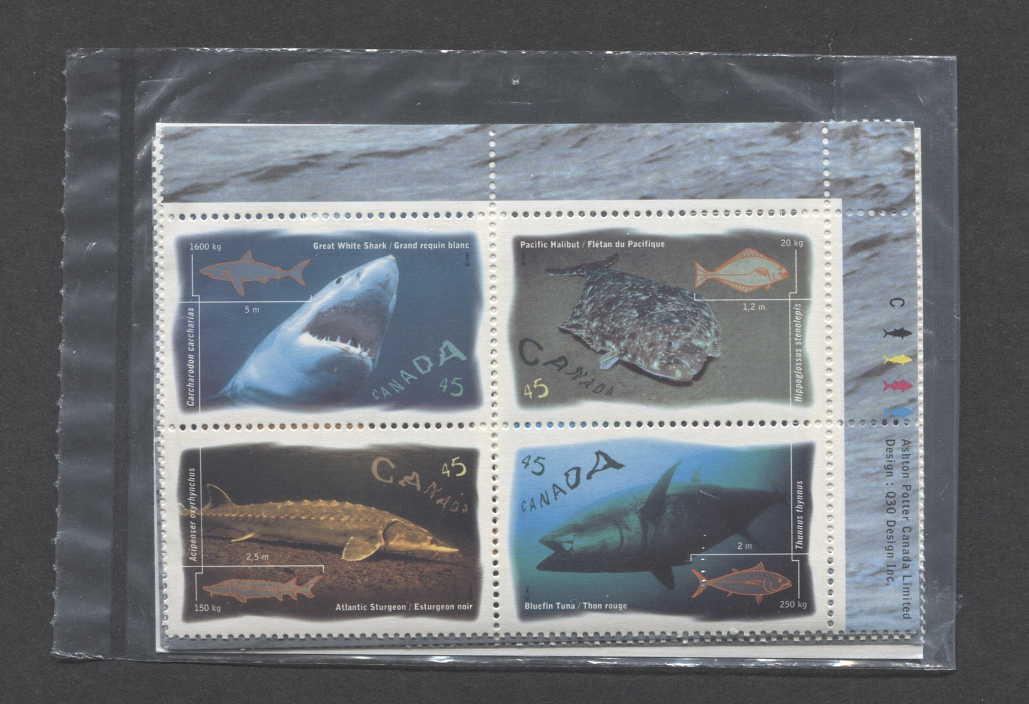 Lot 314 Canada #1644a 45c Multicolored 1997 Ocean Water Fish Issue, Sealed Pack Of Corner Inscription Blocks on FCP Coated Paper With HB Type 6A Insert Card, VFNH, Unitrade Cat. $18