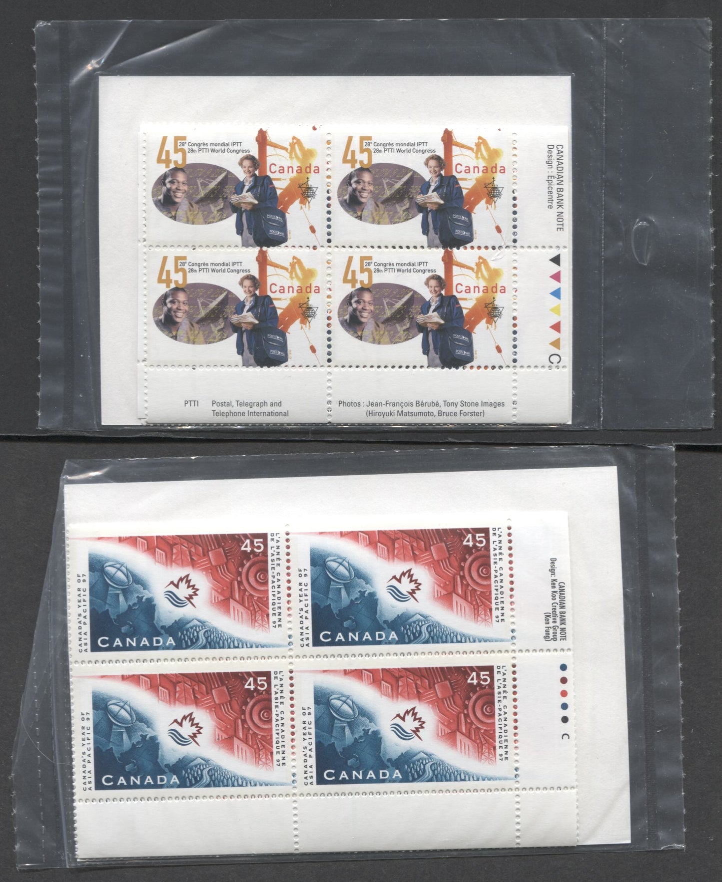 Lot 317 Canada #1657-1658 45c Multicolored 1997 World Congress Of The PTTI Labour Union, Canada's Year Of Asia Pacific Issues, Sealed Pack Of Corner Inscription Blocks on GT4 Coated Paper, With HB Type 6A Insert Card, VFNH, Unitrade Cat. $36