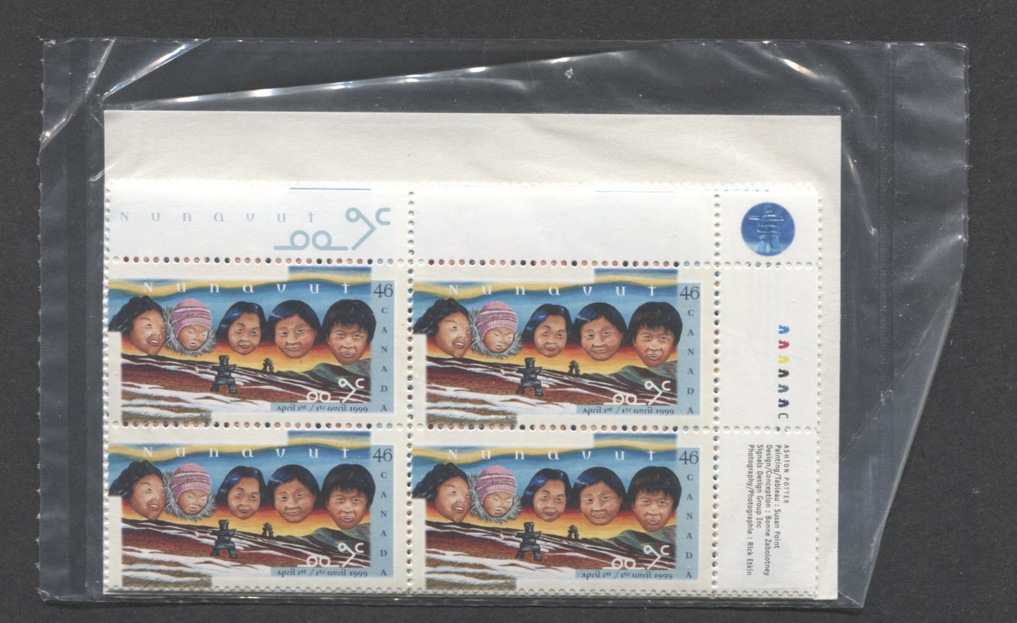 Lot 321 Canada #1784 46c Multicolored Inuit Faces & Landscape 1999 Creation Of Nunavut Territory, Canada Post Sealed Pack of Inscription Blocks on TRC Paper With DF Type 7A Insert Card, VFNH, Unitrade Cat. $18