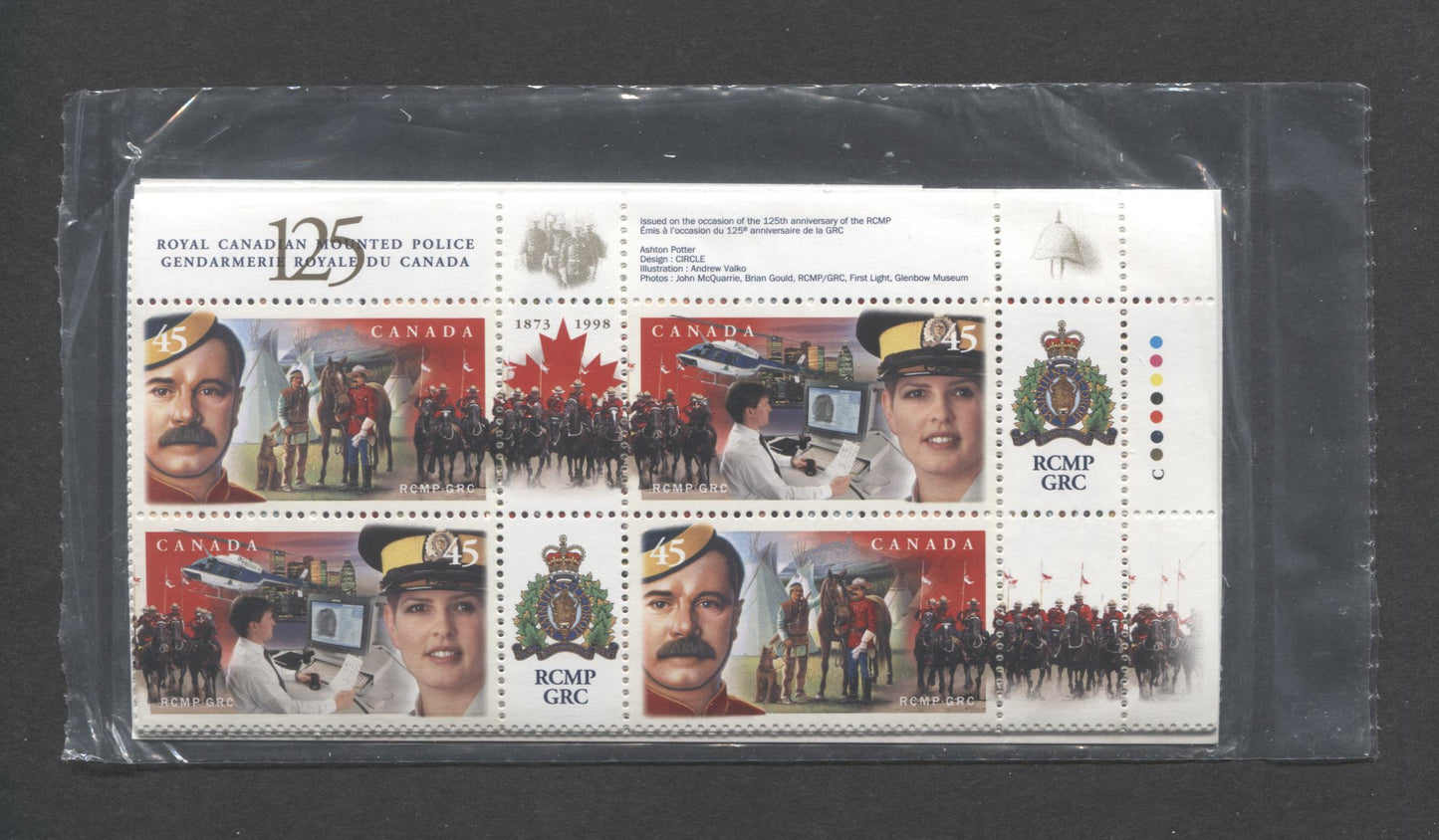 Lot 328 Canada #1737a 45c Multicolored Historic View - Modern View 1998 RCMP 125th Anniversary, Canada Post Sealed Pack of Inscription Blocks on TRC Paper With HB Over A DF Type 7A Insert Card, VFNH, Unitrade Cat. $8
