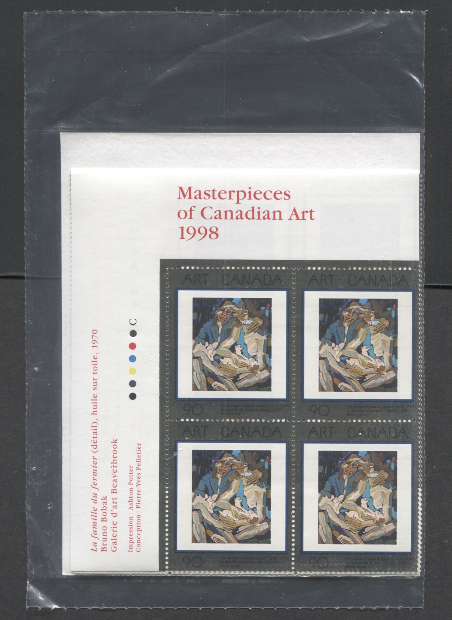 Lot 332 Canada #1754 90c Multicolored (Silver) The Farmer's Family 1998 Masterpieces of Canadian Art, Canada Post Sealed Pack of Inscription Blocks on TRC Paper With HB Type 7A Insert Card, VFNH, Unitrade Cat. $36