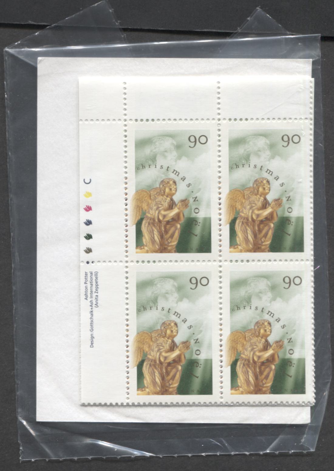 Lot 337 Canada #1766,ii 90c Multicolored Praying Angel 1998 Christmas, Canada Post Sealed Pack of Inscription Blocks on TRC Paper With HB Type 7A Insert Card, Includes Diagonal Scratch Under 'C' Variety, VFNH, Unitrade Cat. $45