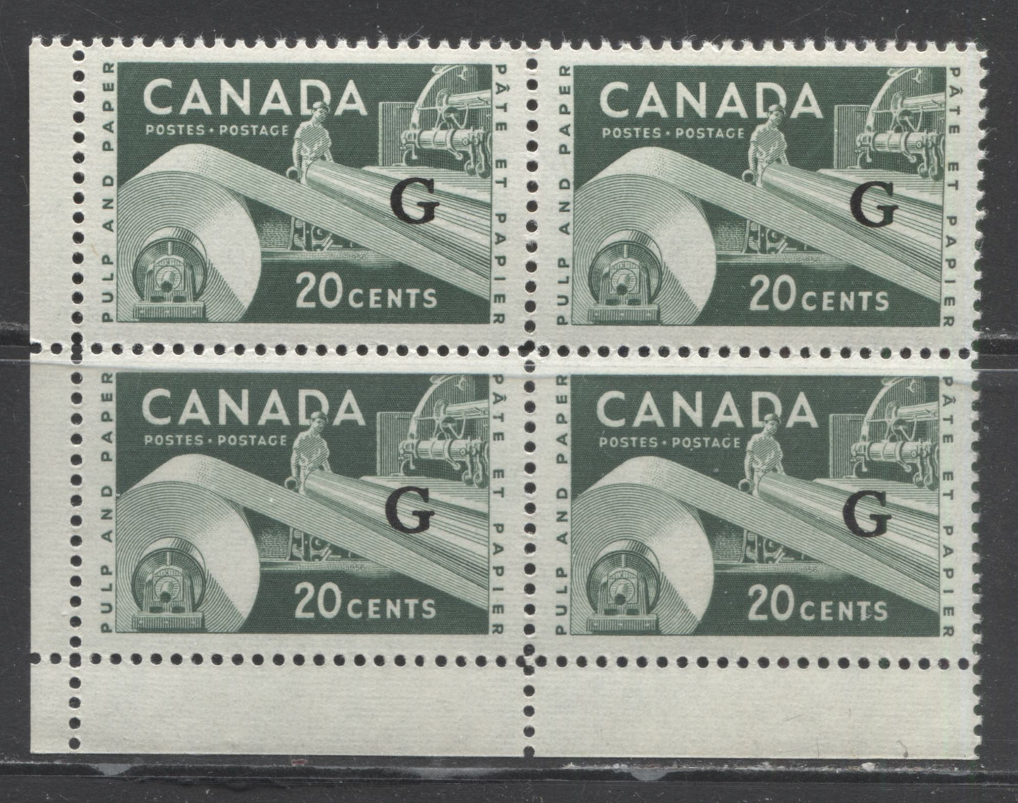 Canada #O45 20c Green Paper Industry, 1956 Industry Overprinted G Issue, A VFNH LL Field Stock Block Of 4 On Horizontal Ribbed Paper