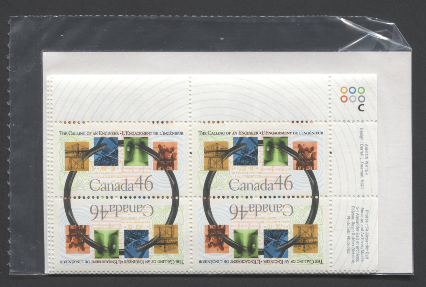 Lot 358 Canada #1848 46c Multicolored Engineering Achievements 2000 The Calling  Of An Engineer, Canada Post Sealed Pack of Inscription Blocks on TRC Paper With HB Type 8A Insert Card, VFNH, Unitrade Cat. $20