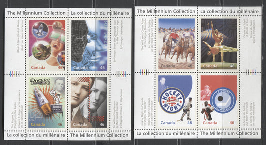Lot 378 Canada #1813, 1814, 1818, 1819 46c Multicoloured Child And Dove - La Soiree du Hockey, 1999 Millennium Issue, Panes Of 4, HB & NF/DF Paper, APC, VFNH 80, Unfolded,  Unitrade Cat. As Singles $33,