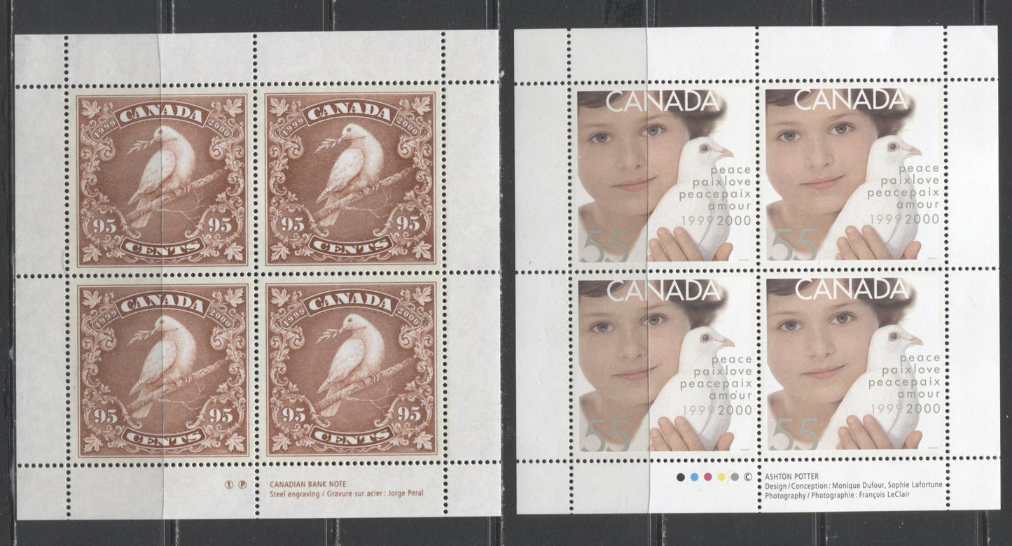 Lot 378 Canada #1813, 1814, 1818, 1819 46c Multicoloured Child And Dove - La Soiree du Hockey, 1999 Millennium Issue, Panes Of 4, HB & NF/DF Paper, APC, VFNH 80, Unfolded,  Unitrade Cat. As Singles $33,