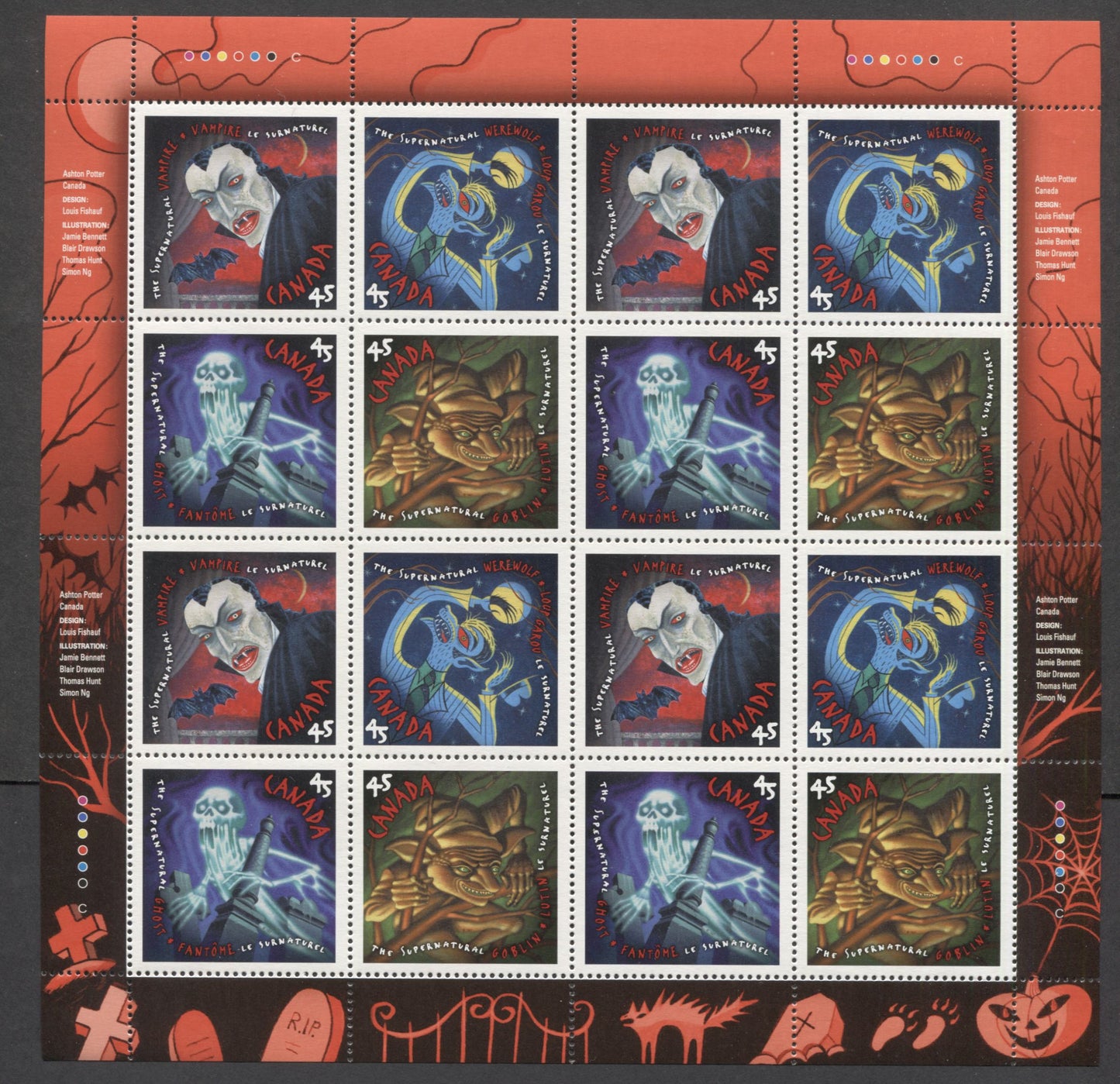 Lot 393 Canada #1668a 45c Multicoloured Vampire - Goblin, 1997 The Supernatural, Pane Of 16, FCP Coated Paper, APC, VFNH 80, Unfolded,  Unitrade Cat. As Singles $18