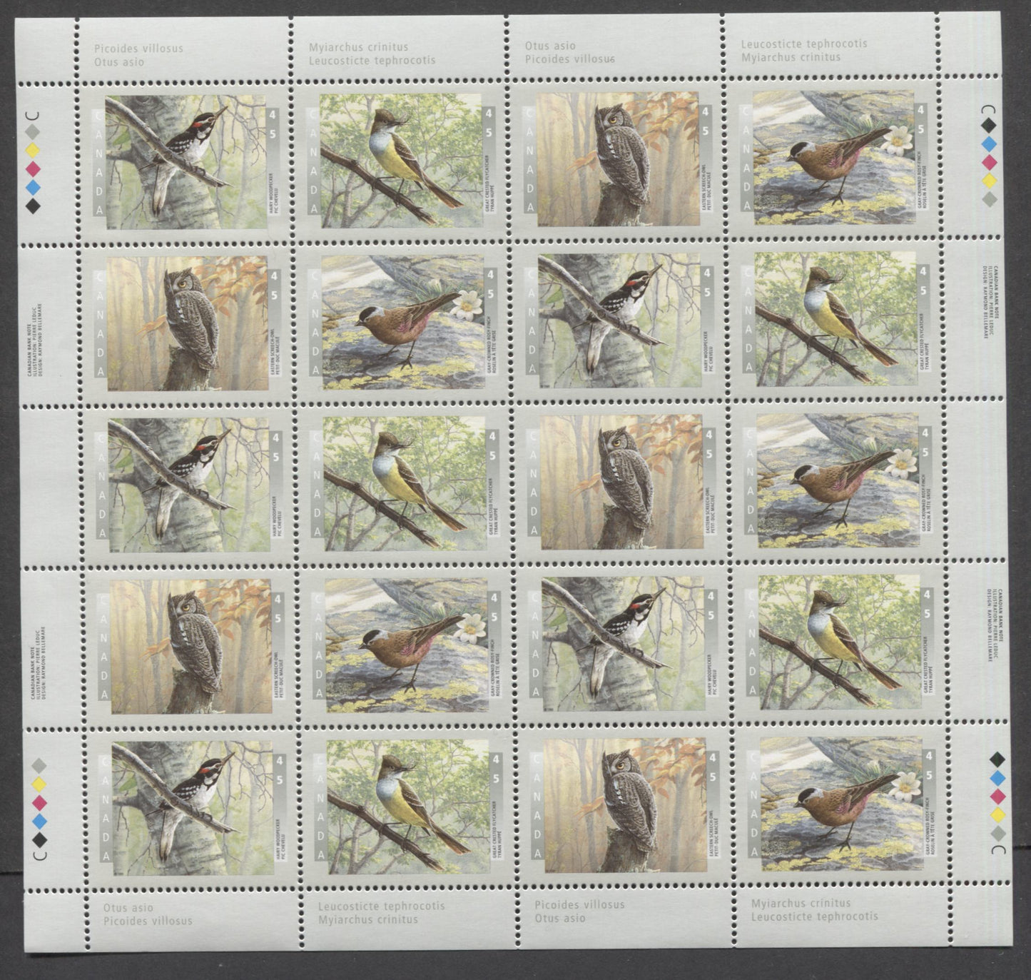 Lot 395 Canada #1713a 45c Multicoloured Hairy Woodpecker - Gray Crowned Rosy-Finch, 1998 Birds Of Canada, Pane Of 20, TRC Paper, CBN, VFNH 80, Unfolded,  Unitrade Cat. As Singles $24