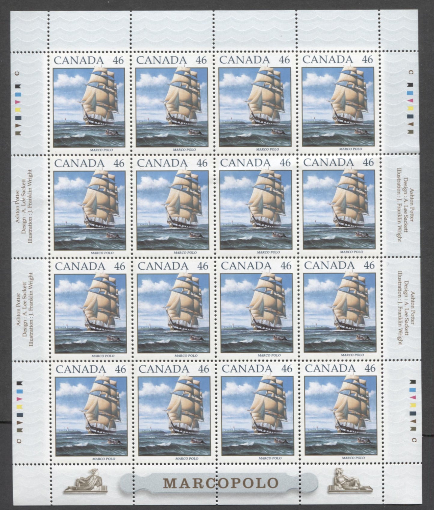 Lot 398 Canada #1779 46c Multicolored Marco Polo, 1999 Sailing Ship Marco Polo, Pane Of 16, TRC Paper, APC, VFNH 84, Unfolded,  Unitrade Cat. As Singles $16
