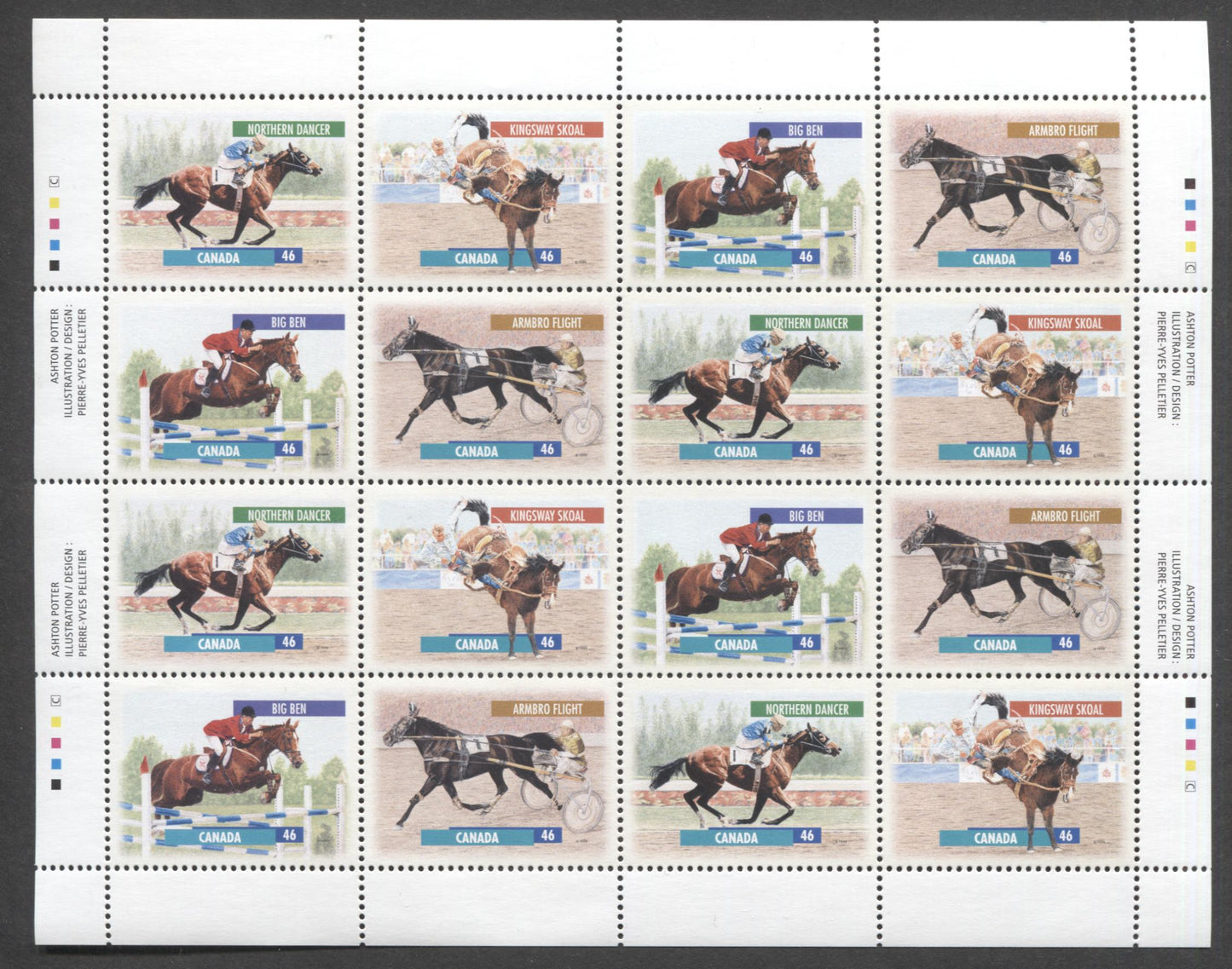 Lot 399 Canada #1794a 46c Multicolored Northern Dancer - Armbro Flight, 1999 Canadian Horses, Pane Of 16, TRC Paper, APC, VFNH 84, Unfolded,  Unitrade Cat. As Singles $25