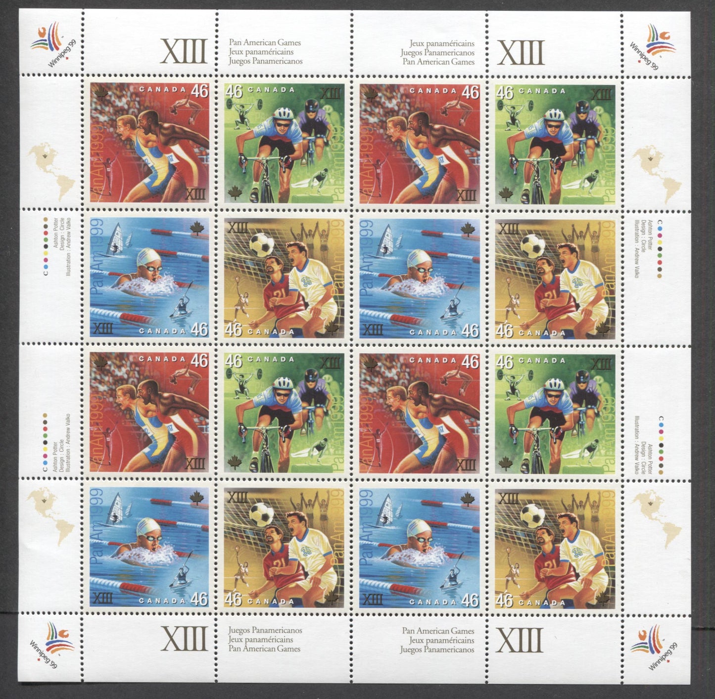 Lot 400 Canada #1804a 46c Multicolored Track and Field - Soccer, 1999 PAN American Games, Pane Of 16, TRC Paper, APC, VFNH 84, Unfolded,  Unitrade Cat. As Singles $16