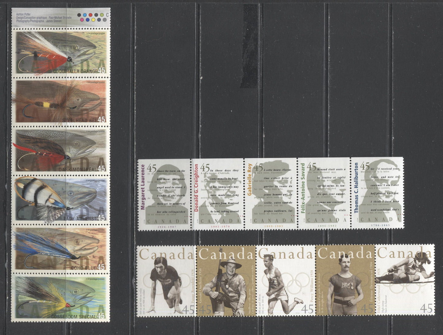 Lot 406 Canada #1612ai, 1626ai, 1720aii 45c Multicolored Ethel Catherwood - Cosseboom Special, 1996-1998 Commemorative, 3 VFNH Strips Of 5 & 6 From The Annual Collection