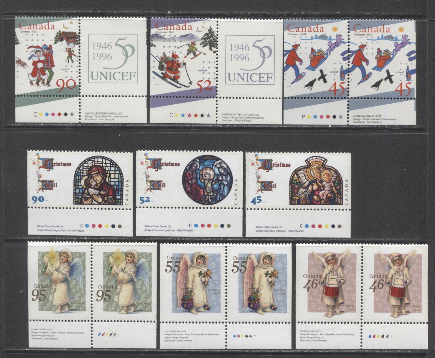 Lot 411 Canada #1627as-1629as, 1669as-1671as, 1815as-1817as 45c/95c Multicolored Delivering Gifts By Sled/Angel With Candle, 1996-1997, 1999 Christmas, 9 VFNH Booklet Singles & Pairs, All With Printer's Inscription