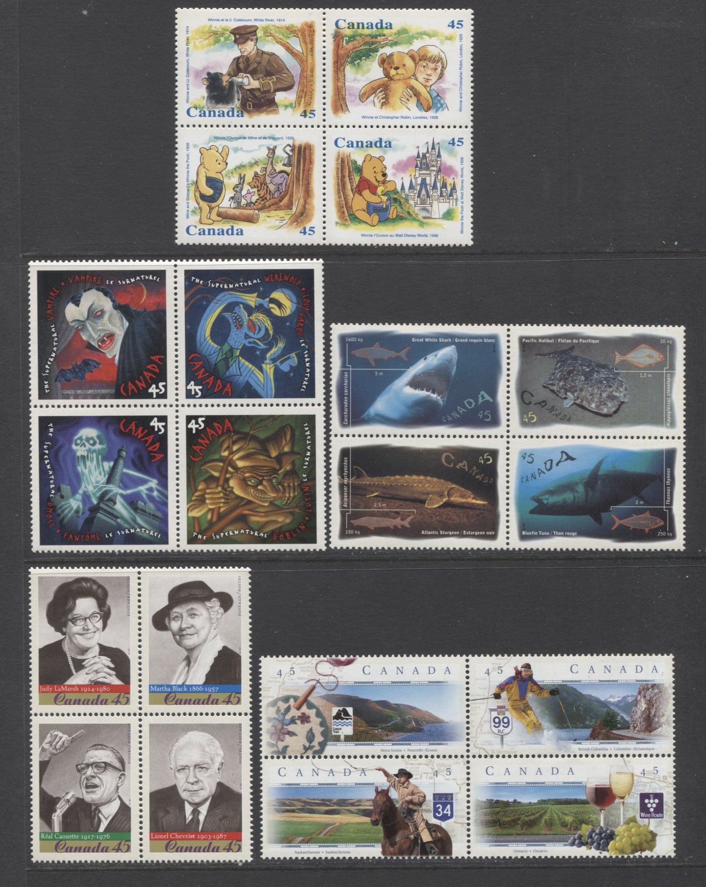 Lot 415 Canada #1621a/1668a 45c Multicolored Winnie With Lt. Colebourn - Goblin, 1996-1997 Commemoratives, 5 VFNH Se-tenant Blocks Of 4