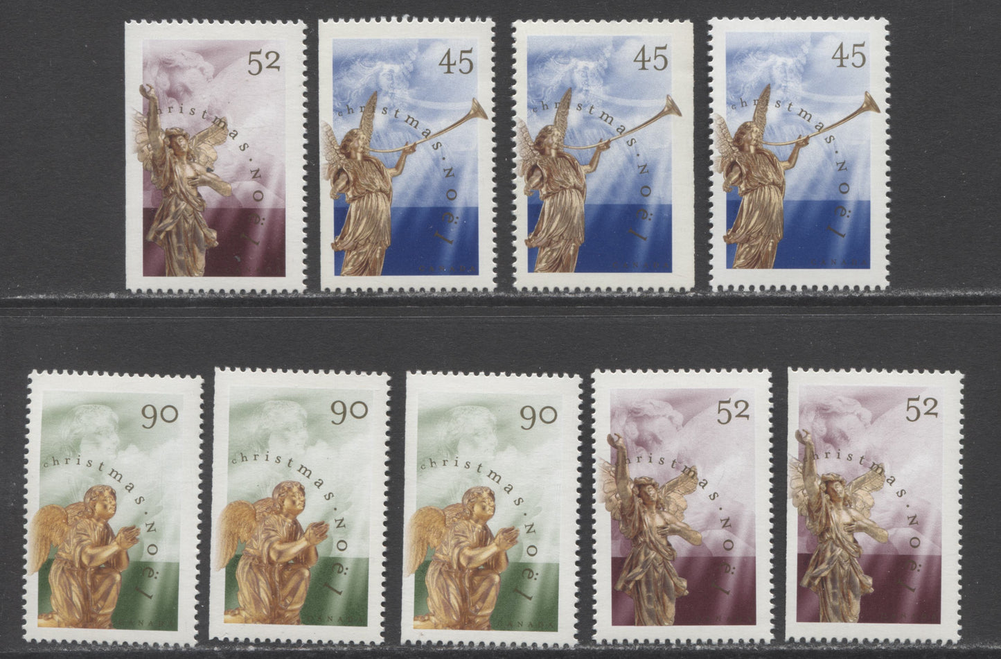 Lot 418 Canada #1764-1766, 1764as-1766as, 1764cs-1766b 45c-90c Multicolored Angel of the Last Judgement - Praying Angel, 1998 Christmas, 9 VFNH Sheet & Booklet Singles With Perfs 13.1 & 13.1 x 13.6
