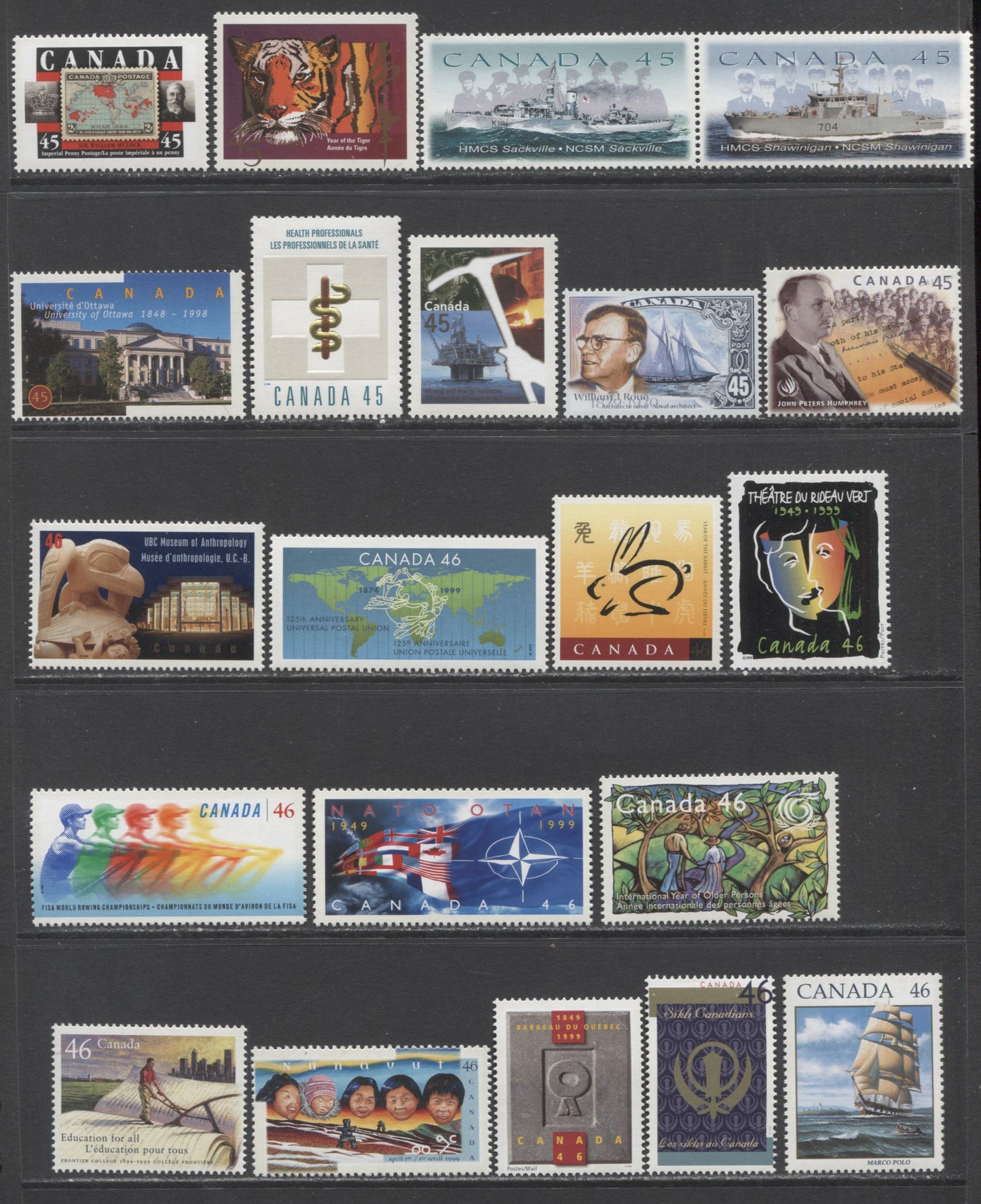 Lot 420 Canada #1708/1810 45c-46c Multicolored Tiger/Frontier College, 1998-1999 Commemoratives, 21 VFNH Singles & Pairs Includes Bright Phosphor On #1735