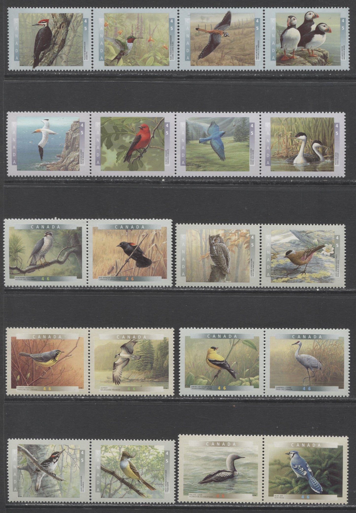 Lot 422 Canada #1594a, 1634a, 1713a, 1737a, 1724a, 1773a, 1842a 45c Multicolored American Kestrel - Blue Jay, 1996-2000 Commemoratives, 10 VFNH Strips & Pairs