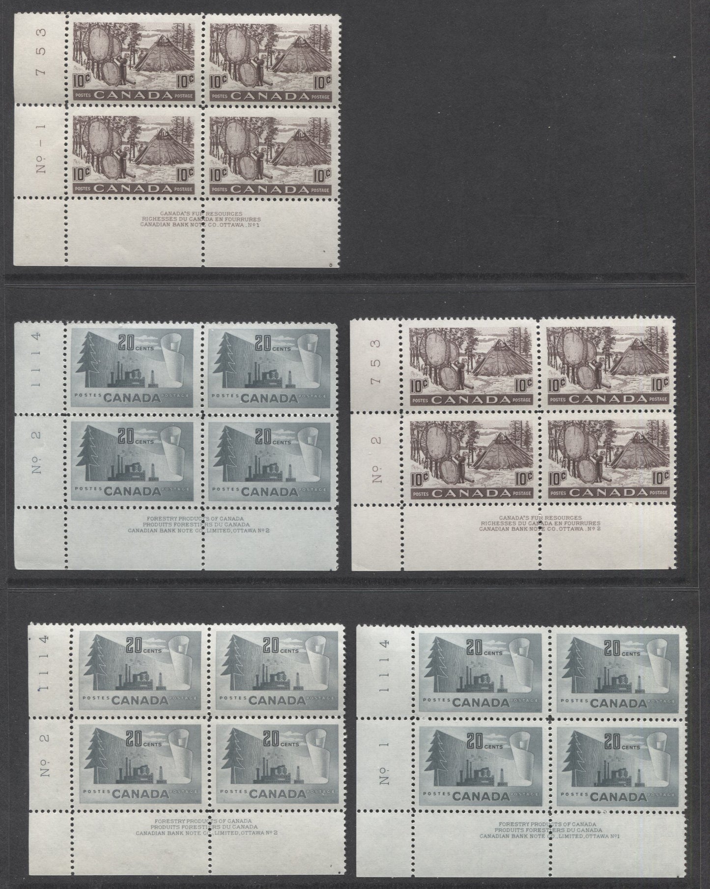 Lot 383 Canada #301, 316, 320 7c, 10c & 20c Blue, Black Brown & Gray Canada Goose, Drying Skins & Paper Mill, 1950-1952 Natural Resources & Wildlife Issue, 9 F/VFNH/LH LL Plates 1-2 Blocks Of 4 With Different Papers & Varieties