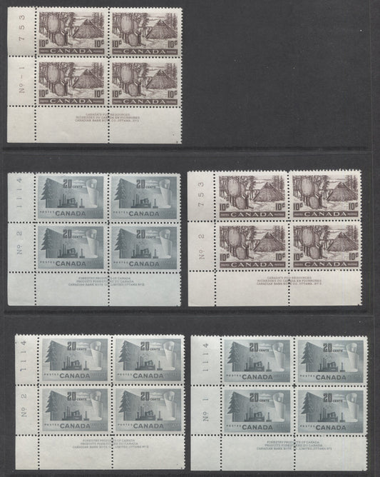 Lot 383 Canada #301, 316, 320 7c, 10c & 20c Blue, Black Brown & Gray Canada Goose, Drying Skins & Paper Mill, 1950-1952 Natural Resources & Wildlife Issue, 9 F/VFNH/LH LL Plates 1-2 Blocks Of 4 With Different Papers & Varieties