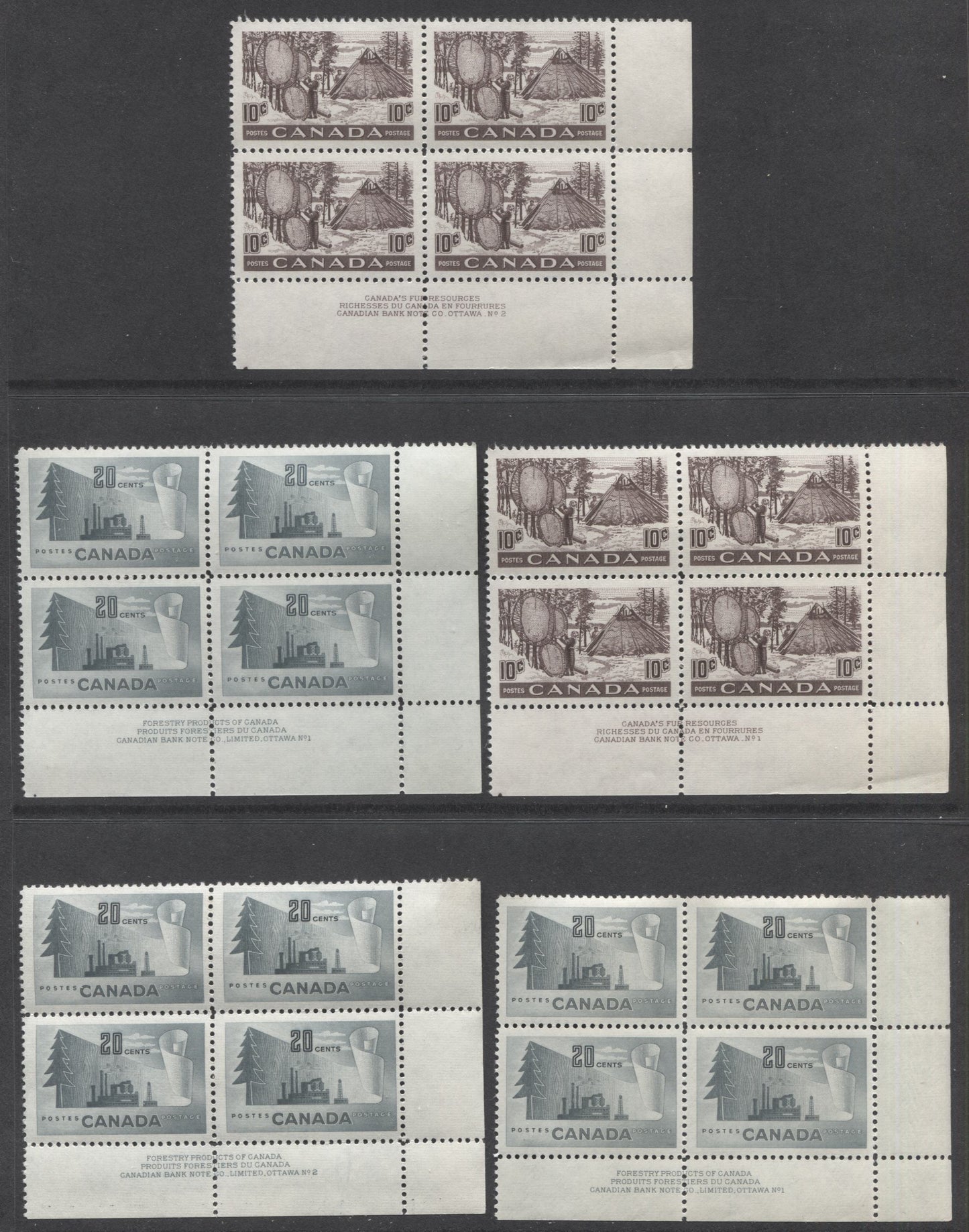 Lot 22 Canada #301, 316, 320 7c, 10c & 20c Blue, Black Brown & Gray Canada Goose, Drying Skins & Paper Mill, 1950-1952 Natural Resources & Wildlife Issue, 7 F/VFNH LR Plates 1-2 Blocks Of 4 With Different Papers & Varieties