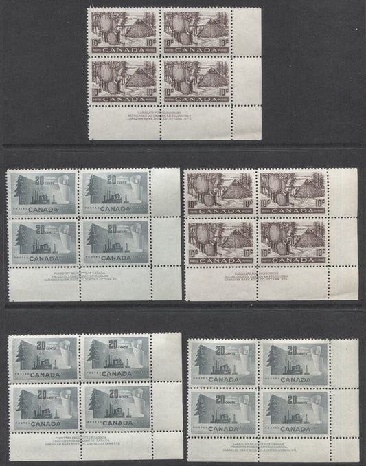 Lot 22 Canada #301, 316, 320 7c, 10c & 20c Blue, Black Brown & Gray Canada Goose, Drying Skins & Paper Mill, 1950-1952 Natural Resources & Wildlife Issue, 7 F/VFNH LR Plates 1-2 Blocks Of 4 With Different Papers & Varieties