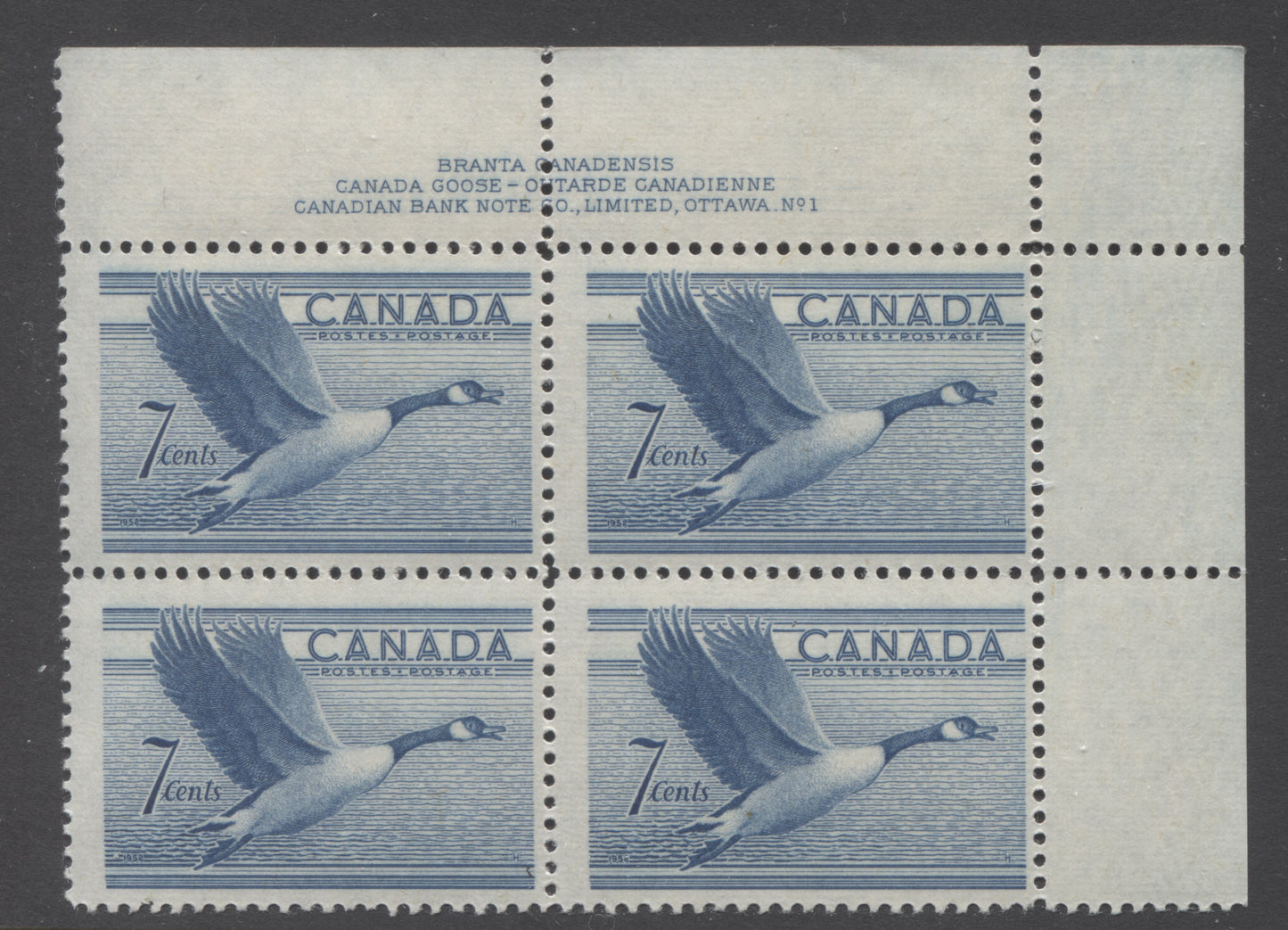 Lot 21 Canada #316var 7c Blue Canada Goose, 1952 Wildlife Issue, A VFNH UR Plate 1 Block Of 4 With Hairlines In Top Margin, Unlisted In Unitrade