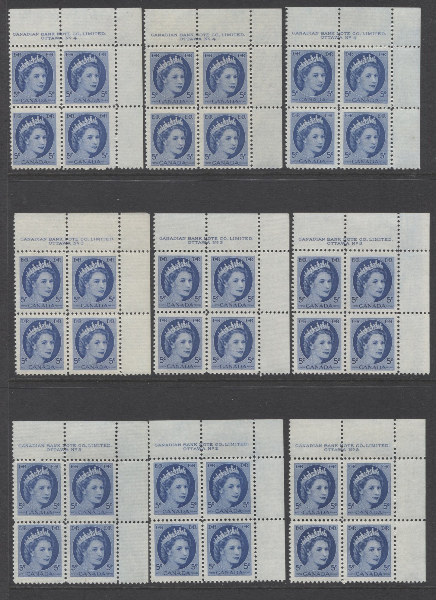 Lot 86 Canada #341 5c Bright Blue, 1954 Queen Elizabeth 2 - Wilding Portrait Issue, 24 F-VF NH UR Plates 1-7 Blocks Of 4 All DF Paper, Various Papers And Shades