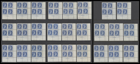 Lot 88 Canada #341 5c Bright Blue, 1954 Queen Elizabeth 2 - Wilding Portrait Issue, 25 F-VF NH LR Plates 1-7 Blocks Of 4 All DF Paper, All With Plate Dot At LL, Various Ribbed & Smooth Papers And Shades
