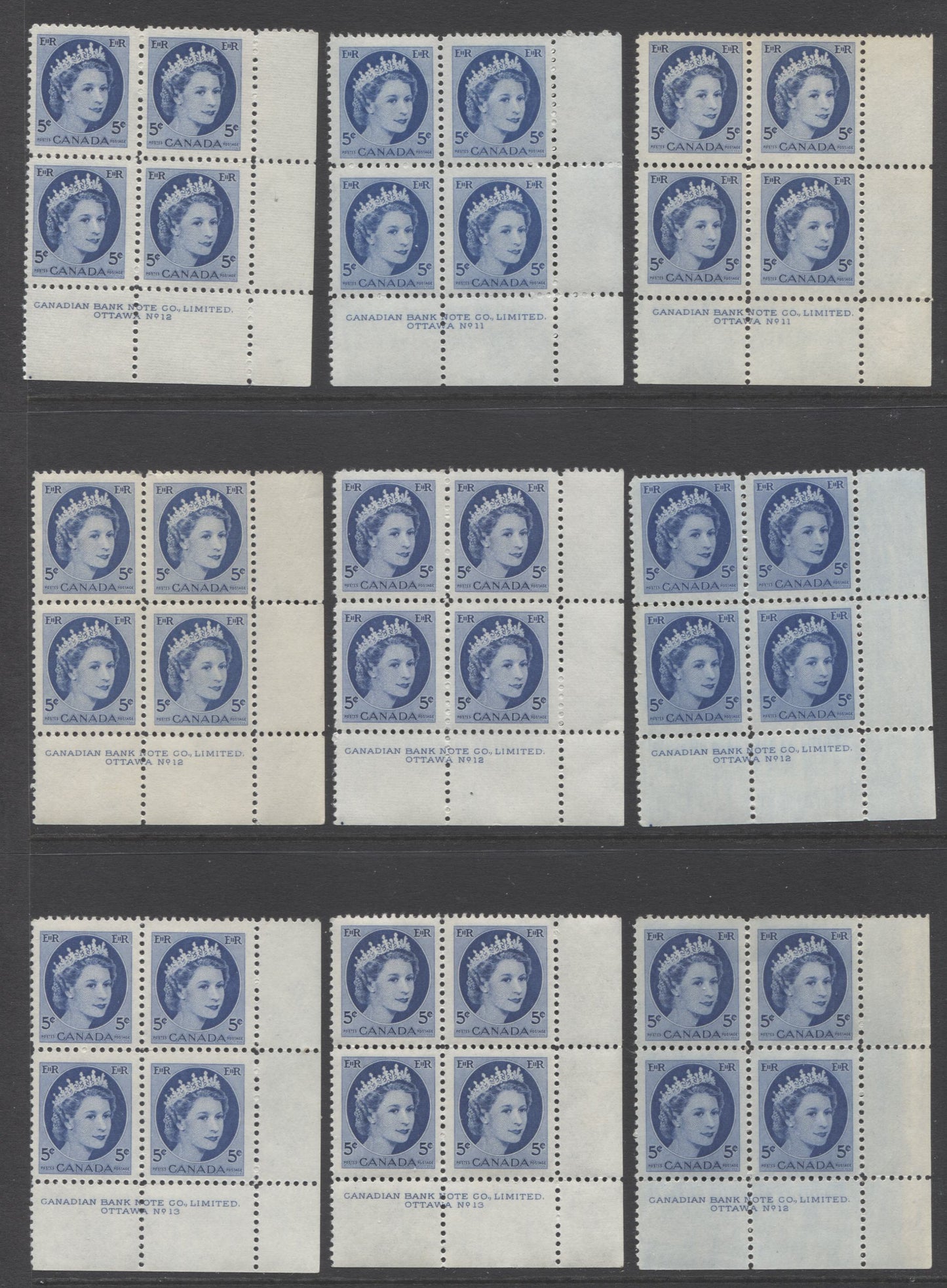 Lot 23 Canada #341 5c Bright Blue, 1954 Queen Elizabeth 2 - Wilding Portrait Issue, 15 F-VF NH LR Plates 8-13 Blocks Of 4 All DF Paper, With Various Ribbed & Smooth Papers And Shades