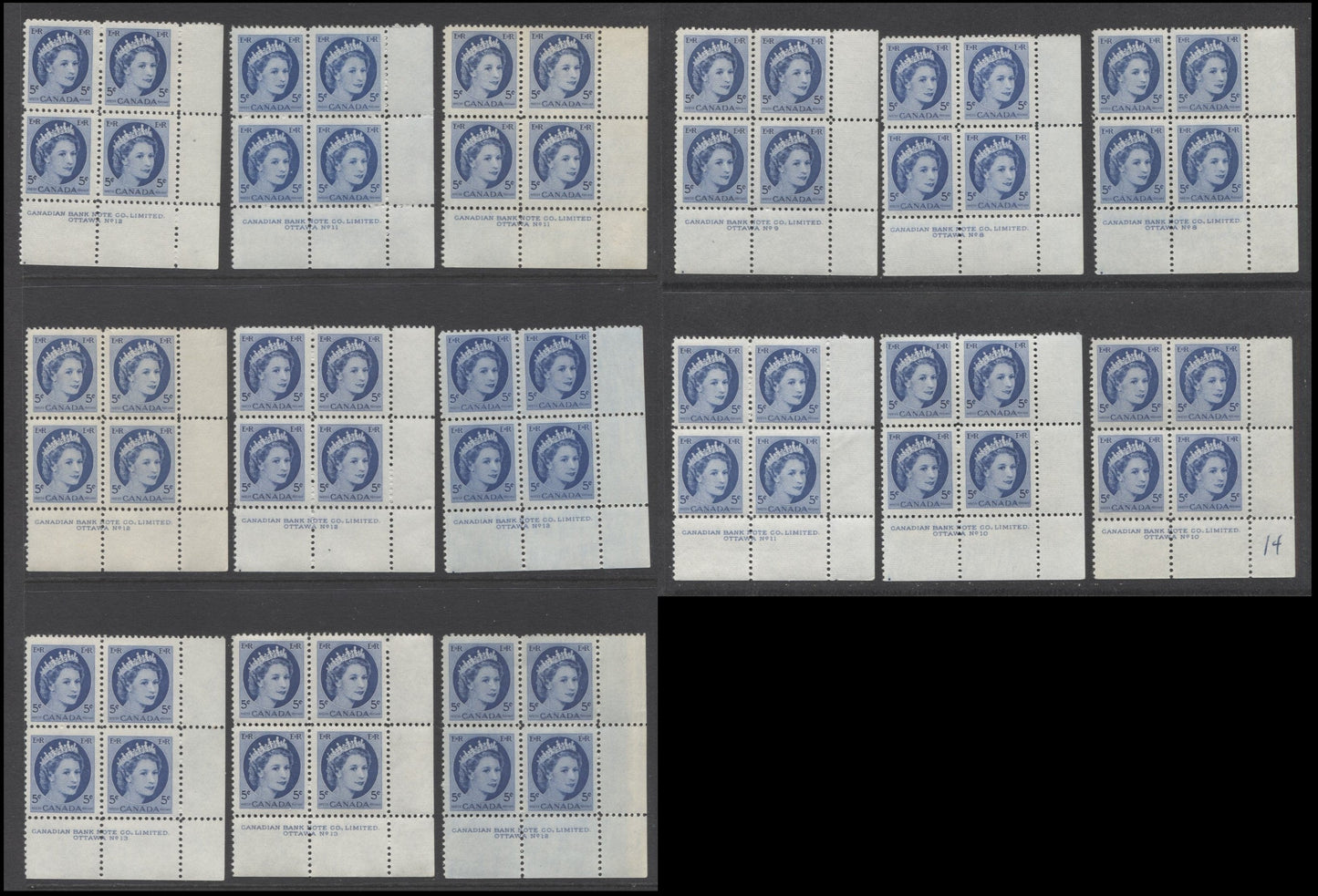 Lot 23 Canada #341 5c Bright Blue, 1954 Queen Elizabeth 2 - Wilding Portrait Issue, 15 F-VF NH LR Plates 8-13 Blocks Of 4 All DF Paper, With Various Ribbed & Smooth Papers And Shades